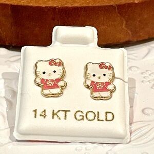Solid  Yellow Gold 14 Karat Pink Cat 7x7 mm Earring